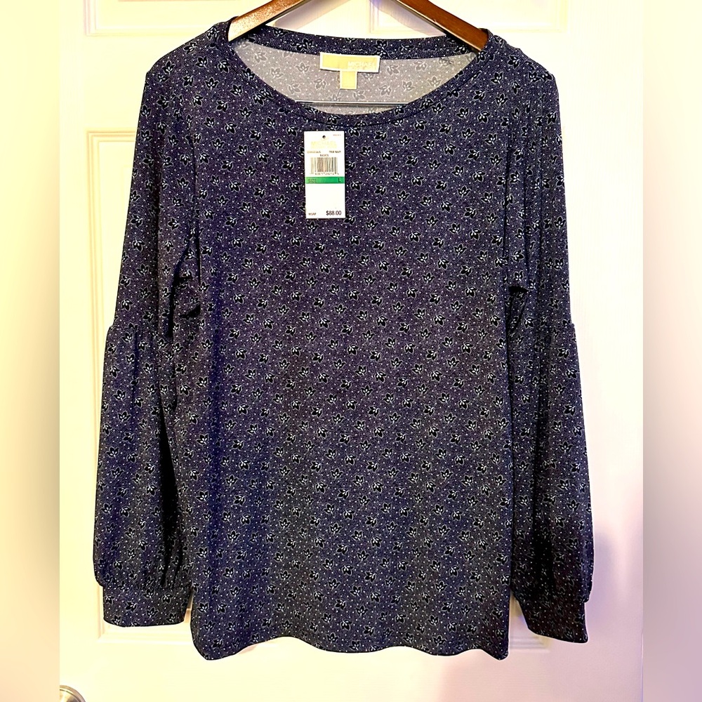 Michael Kors Stretch‎ Blue Print Blouse Women L. NWT